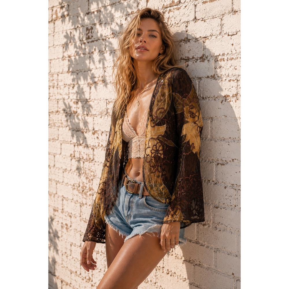 Vintage Patra Brown Silk Blend Floral Sequin Sheer Kimono Wrap Top 6